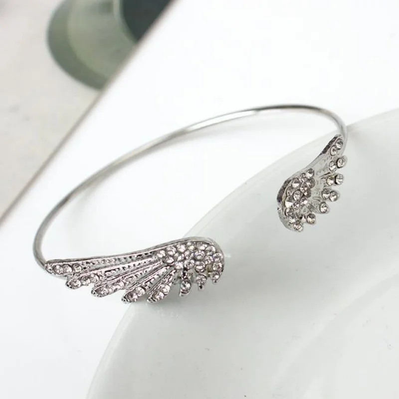 Pulseira Ajustável com Asas de Anjo para Mulheres, Joia de Prata com Plumas, Presente, Pulseira Aberta de Cristal Prata