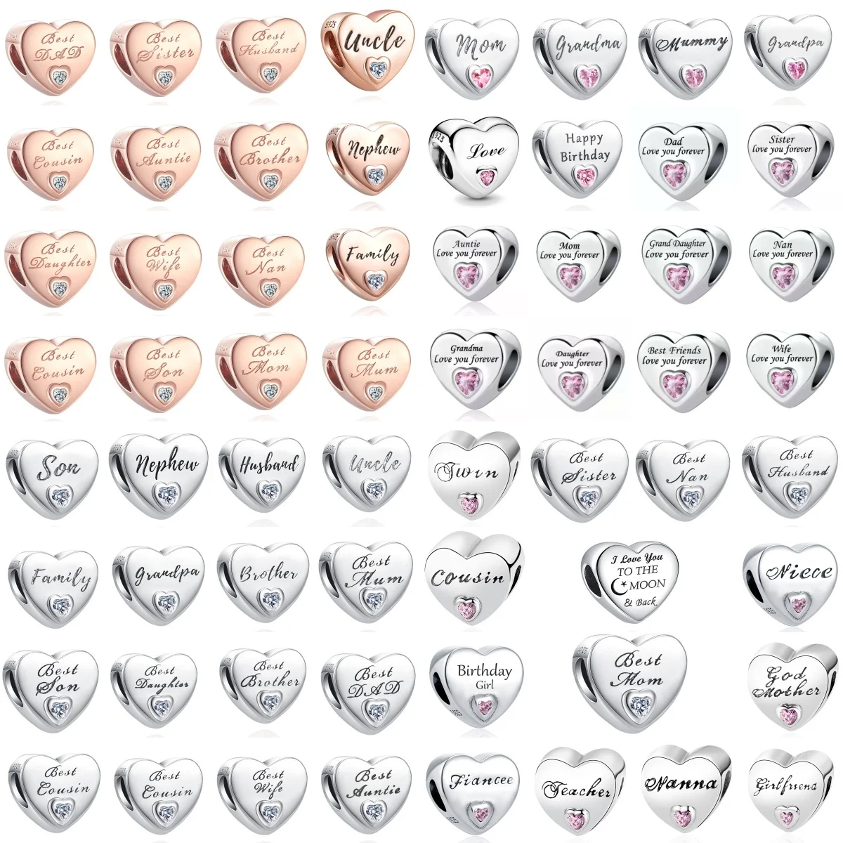 Hot Selling S925 Silver Heart-Shaped With Lettering Father Daughter Son Mother's Day Gift Suitable For DIY European Bracelets