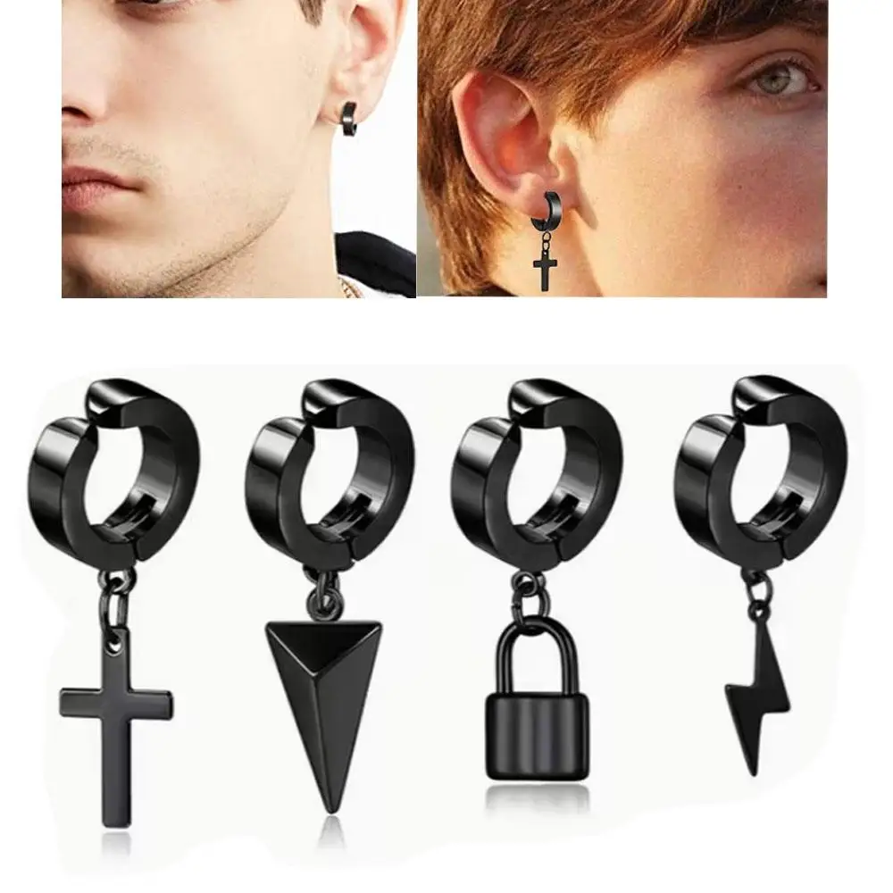 1/2/14Pcs Set Punk Clip On Hoop Earrings For Men Women Stainless Steel Non Piercing Magnetic Dangle Earring Black Hoop Jewelry