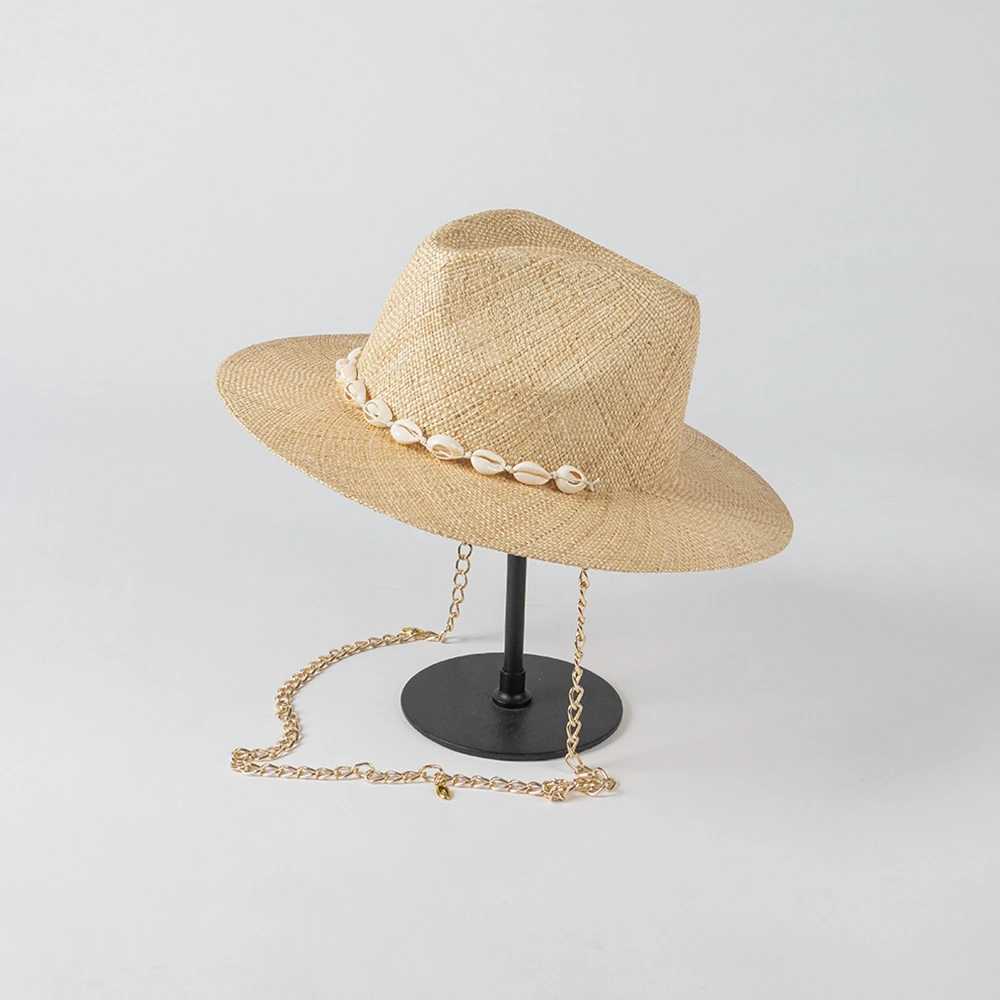 

100% Natural raffia straw fedora hat with conch and golden chain wide brim hade made straw hat