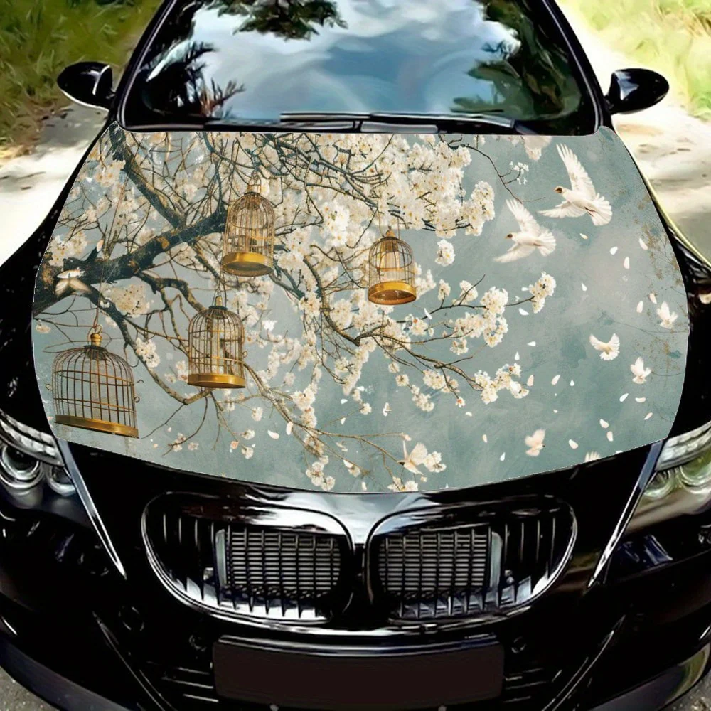 

Cherry Blossom White Dove Birdcage Car Hood Wrap Color Vinyl Sticker Truck Graphic Bonnet Auto Accessories Decoration Decal Gift