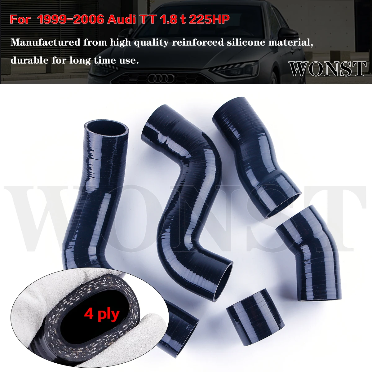 

4Ply 5Pcs Black New For 1999-2006 Audi TT 225HP 1.8T APX BAM BFV Silicone Intercooler Hose Kit