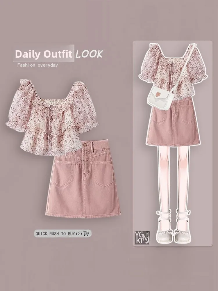

Stunning Women's irt Pink Slimming f Skirt Design Summer Faion French Sle Loose Fit ort Sve Printed Top