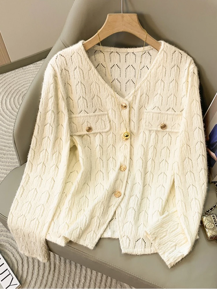 Style coréen col en v à manches longues pull grande taille femmes Cardigan automne hiver femmes vêtements femme solide mode évider haut
