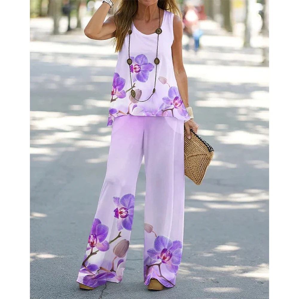 Women Floral Print Sleeveless Tank Top & Wide Leg Pants Set Loose Causal Streetwear Summer Suit Clothes Two Piece Set Women
