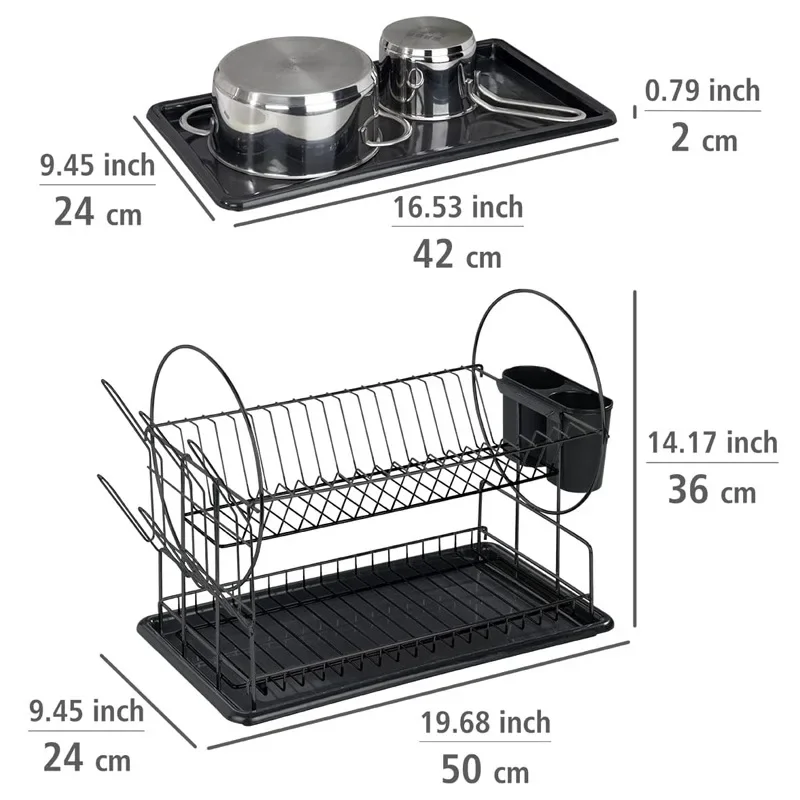 2 Tier Metal Dish Drying Rack Kitchen Sink Drain Rack with Cutlery Holder & Cup Organizer, Countertop Storage for Plates & Bowls