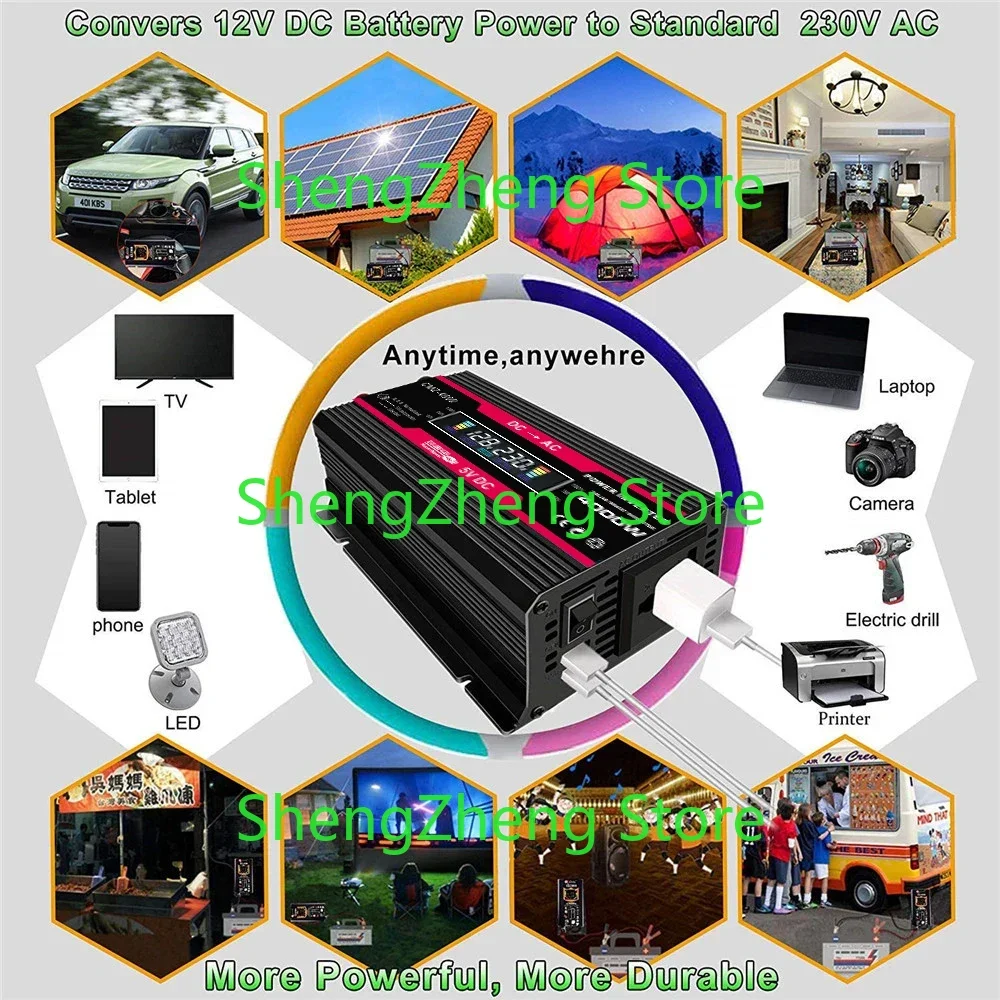 4000W Boat Car Converter Power Inverter DC 12V to AC 220V/110V Invertor Intelligent Color Display Double USB