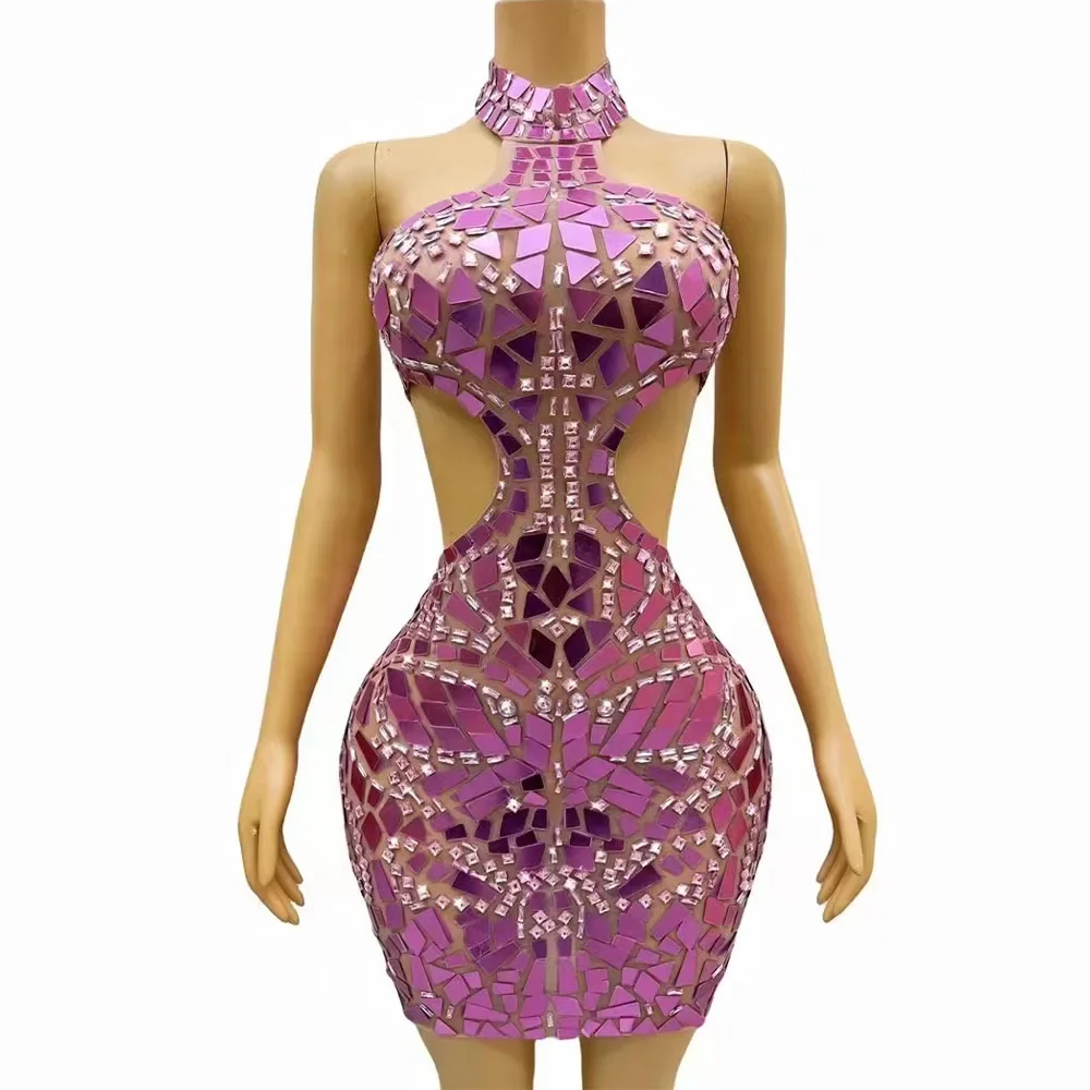 فستان نسائي لحفلات أعياد الميلاد للاحتفال بمرآة من أحجار الراين الوردية فستان رقص بدون أكمام للحفلات المسرحية لالتقاط الصور