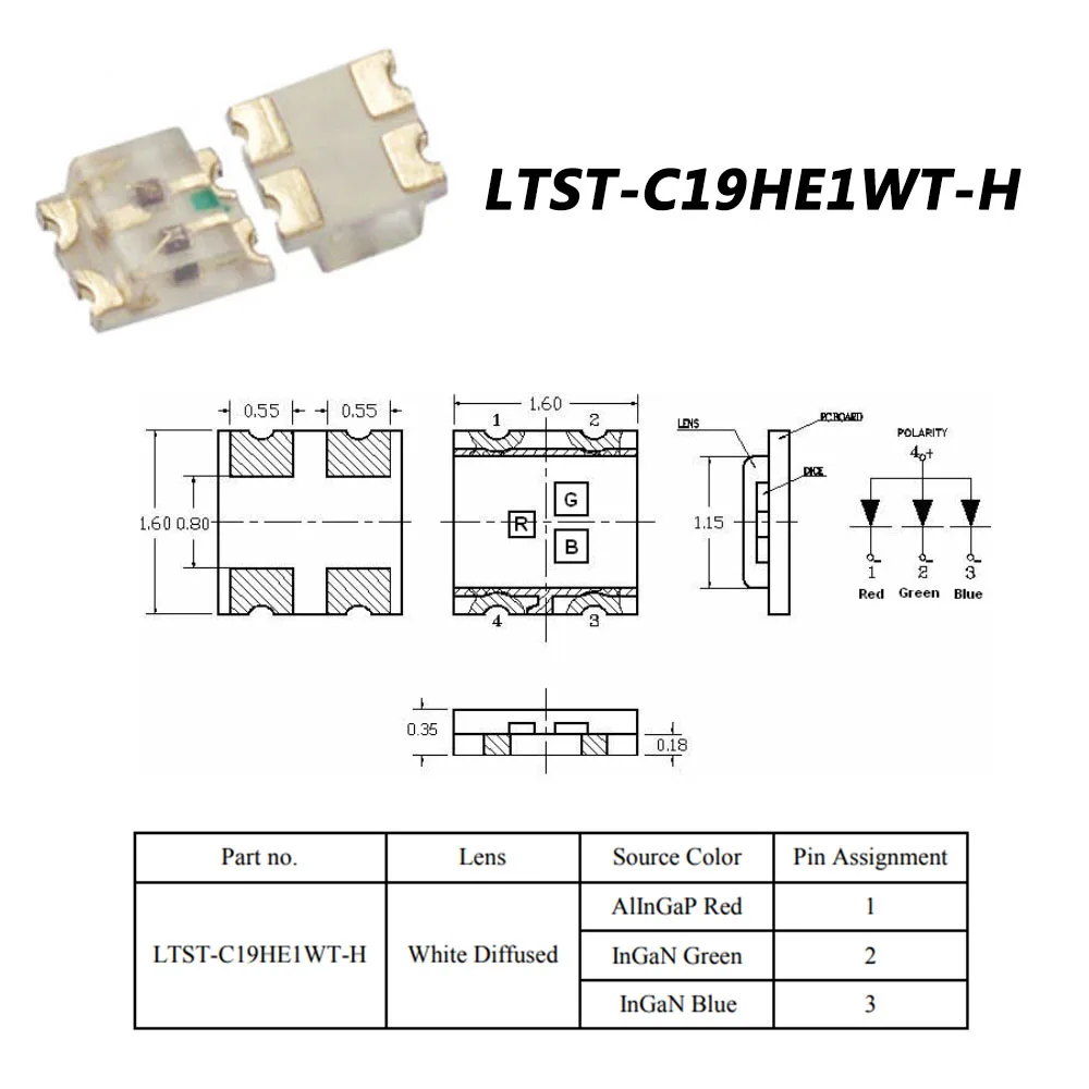 100pcs/Lot LTST-C19HE1WT-H LED Indication-Discrete 624nm Red,525nm Green,470nm Blue 0606 (1616 Metric) LED RGB DIFFUSED CHIP SMD