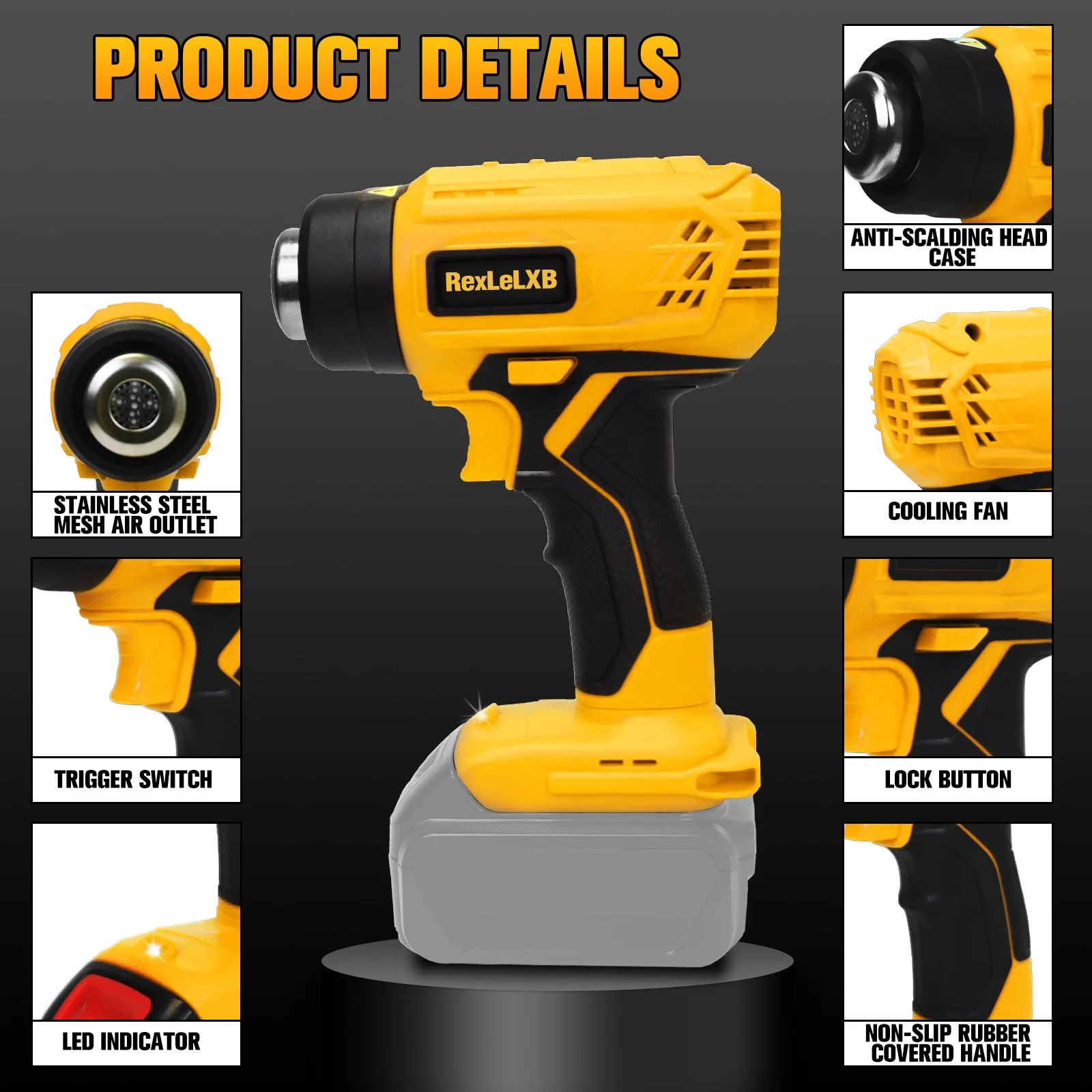 

Portable Cordless Heat Gun 400W Fast Heating Rechargeable Handheld Hot Air Gun Temperature adjustable For Dewalt 20V Battery Pin