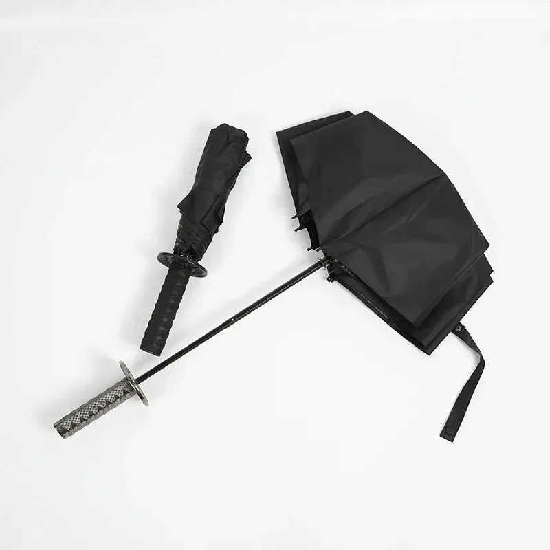 Japanese Ninja Katana Umbrella Folding Windproof UV Block Black Parasol Creative Demon Slayer Samurai Katana Sword Umbrella Gift