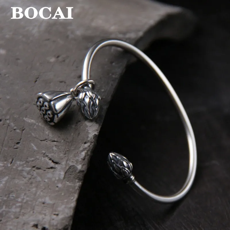 

BOCAI 100% S925 Silver Jewelry Retro Ethnic Style Lotus Flower and Lotus Pod Opening Bracelet for Women Exquisite Birthday Gift