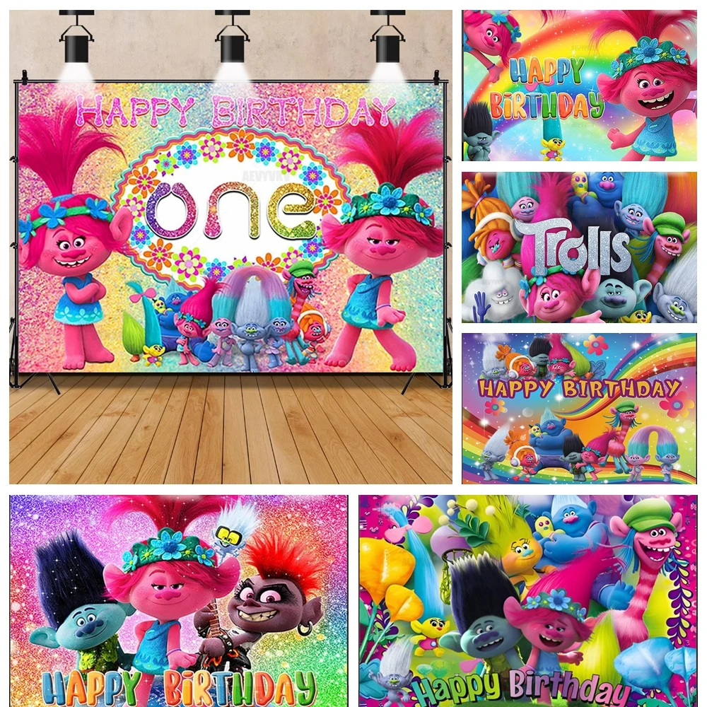 

Cartoon Trolls Magic Hair Elf KId's Birthday Party Backdrop Room Decoration Baby Shower Background Photography Studio Banner