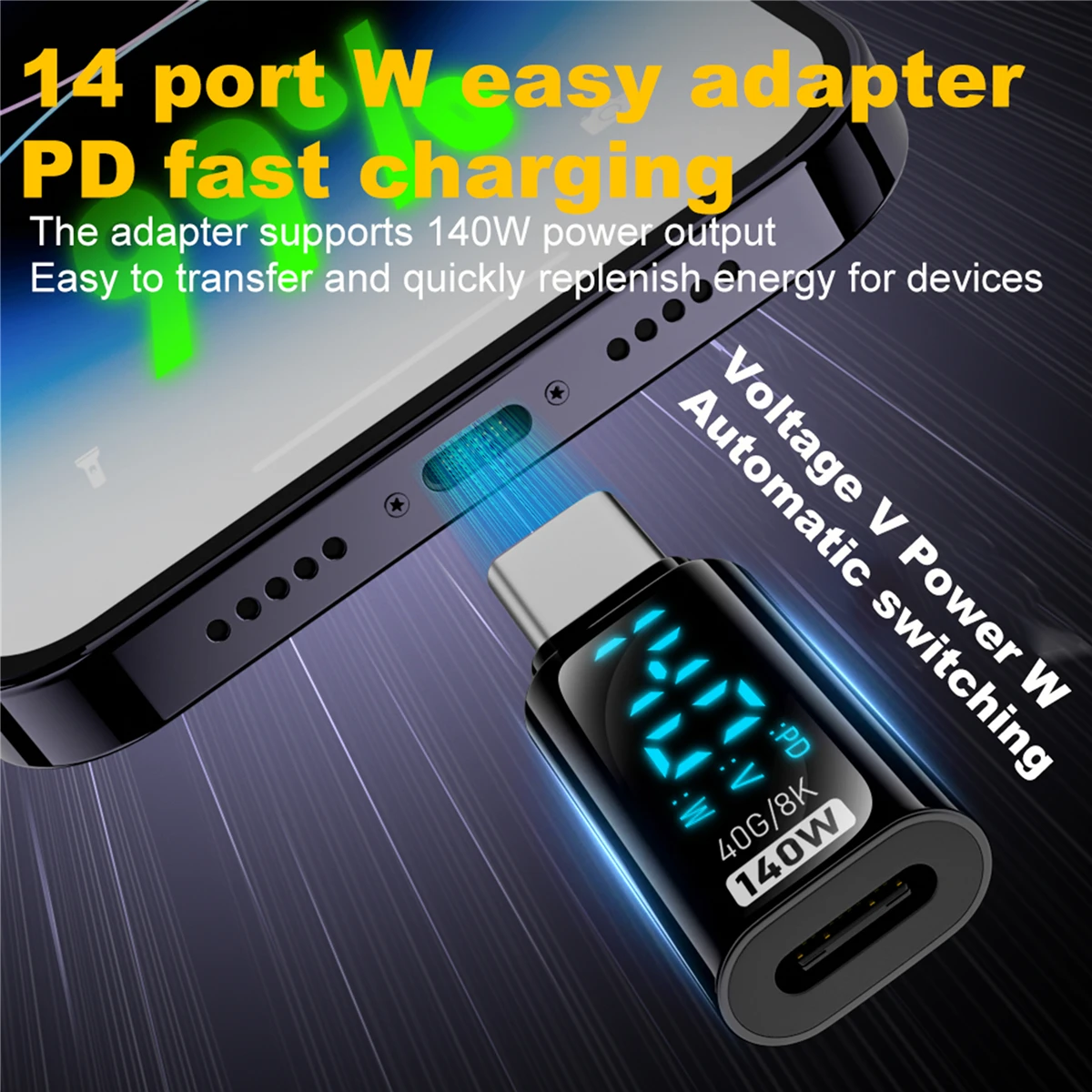 USB C Adapter Power Meter with Digital Display USB4 40Gbps Charging 35W/480Mbps Type-C To 8Pin Converter for Phone Tablet 140W8K