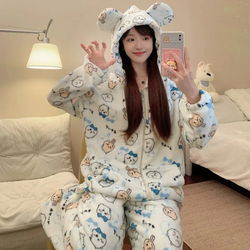 Chiikawa Cute  Women Pajamas Set CartoonWinter Warm Flannel Hood with Ears Zipper Sleepwear Thick Coral Fleece Ladies Homewear