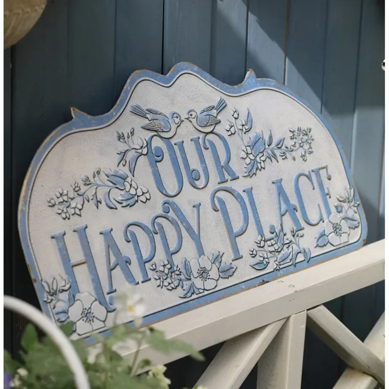 European Garden Door Number Retro Iron Route Markers Courtyard Wall Hanging Guide Card Blue Flower and Bird Home Decoration