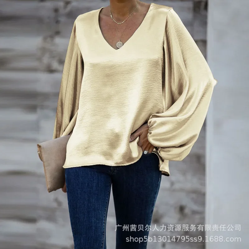 V-neck Top with Puff Sleeves Elegants Women's Long-Sleeved Tshirt Tops Solid Color Office Lady Loose Sexy Tshirt Top