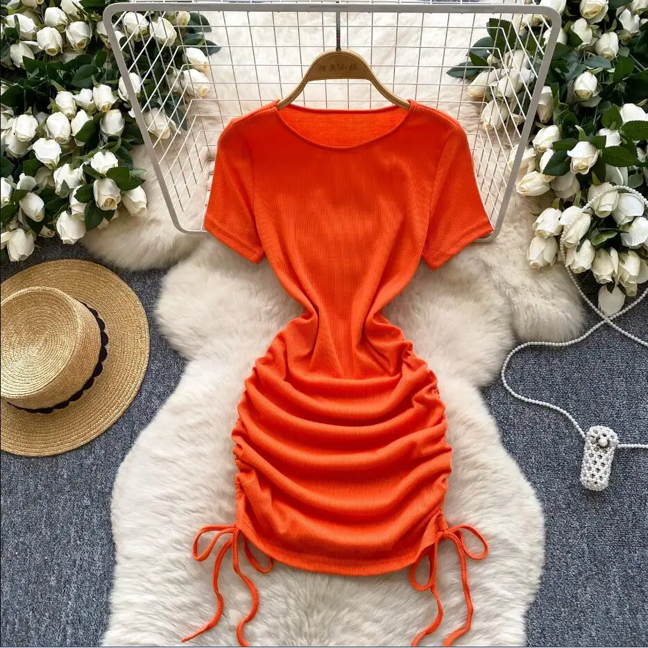 Vrouwen 2025 chique zomer trekkoord bodycon mini korte jurk casual party geplooide schede ruches stretch nachtclub t-shirt jurk