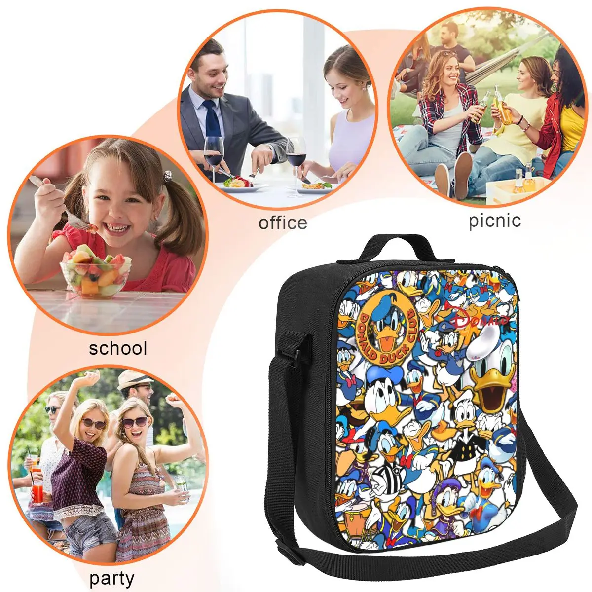 Custom Funny Donald Duck Collage Insulated Lunch Bags for Camping Travel Portable Cooler Thermal Bento Box Women Children