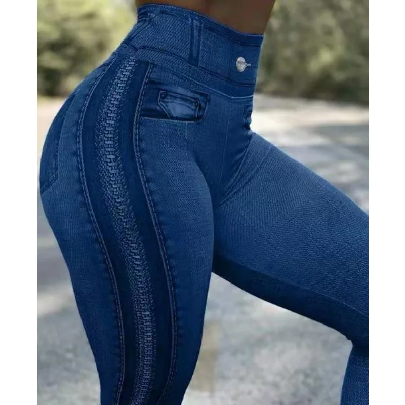 새로운 여성 높은 스트레치 데님 인쇄 패션 높은 허리 3D 지퍼 인쇄 레깅스 요가 활동을위한 편안한 매일 착용