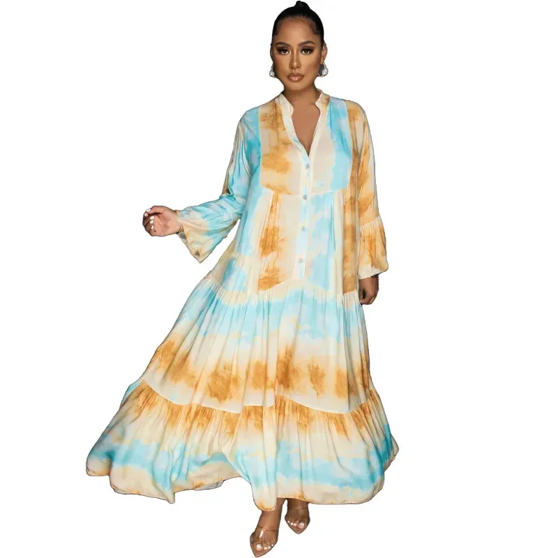 2024 Spring New Arrival African Women Long Sleeve V-neck Print Long Maxi Dress Dashiki African Dresses for Women Outfits Gowns