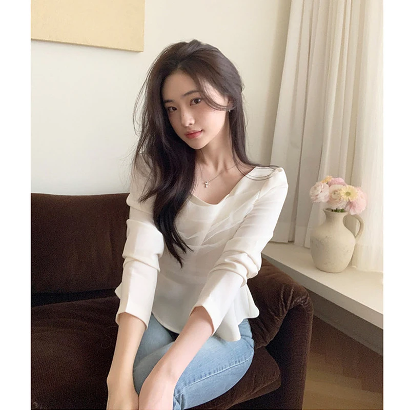 Korean Style Patchwork Mesh Ruffle Hem Square Collar Shirt Women's Long Sleeve Casual Fashion Summer Spring Autumn Clothing