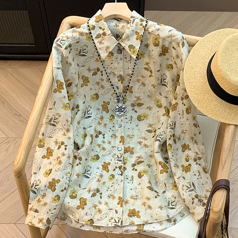 

Retro Design Thin Long Sve Cotton Linen Print Loose Women's irt Spring Autumn Sle Breathable Slimming Top