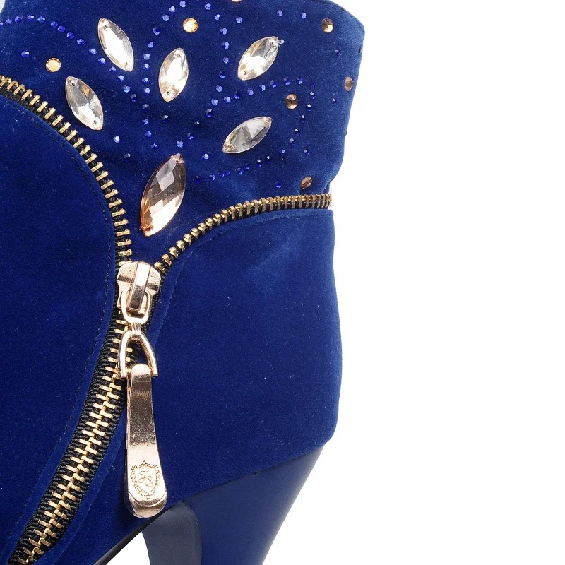 Fashion Women Stiletto Ankle Boots Blue Red Black Flock Rhinestone High Chunky Heels Party Dress Lady Winter Zipper Short Boots