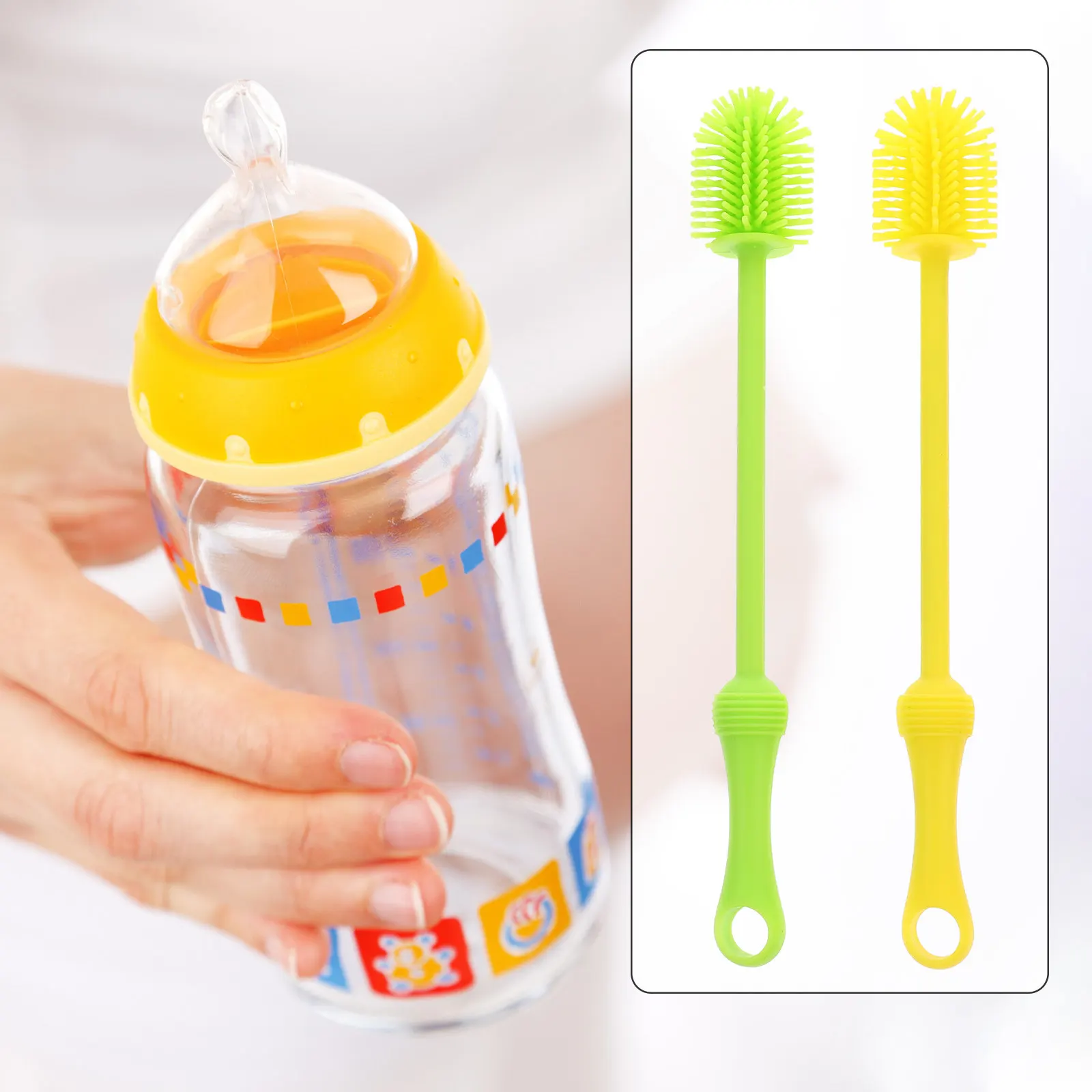 2Pcs Baby Bottle Brush Silicone Cleaner Long Handle Nonslip Hanging Storage High Density Bristles Multipurpose Kitchen Cup