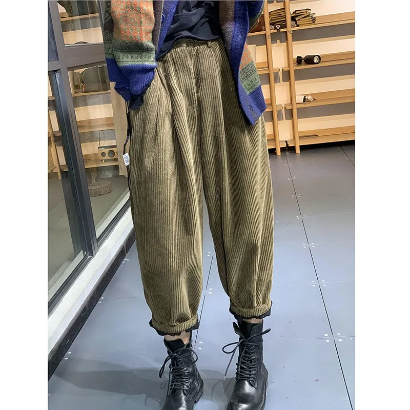 2024 New Arrival Spring Autumn Women All-matched Ankle-length Pants Casual Loose Cotton Corduroy Elastic Waist Harem Pants P34