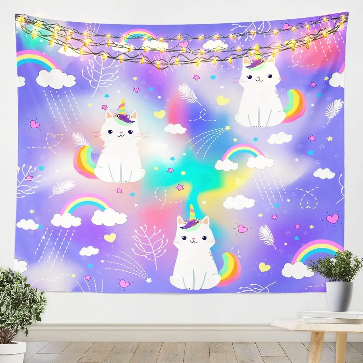 

Manfei Kitten Unicorn Tapestry Kawaii Cat Unicorn Wall Blanket Tapestries Rainbow Clouds Stars Hearts Wall Hanging for Kids Smal