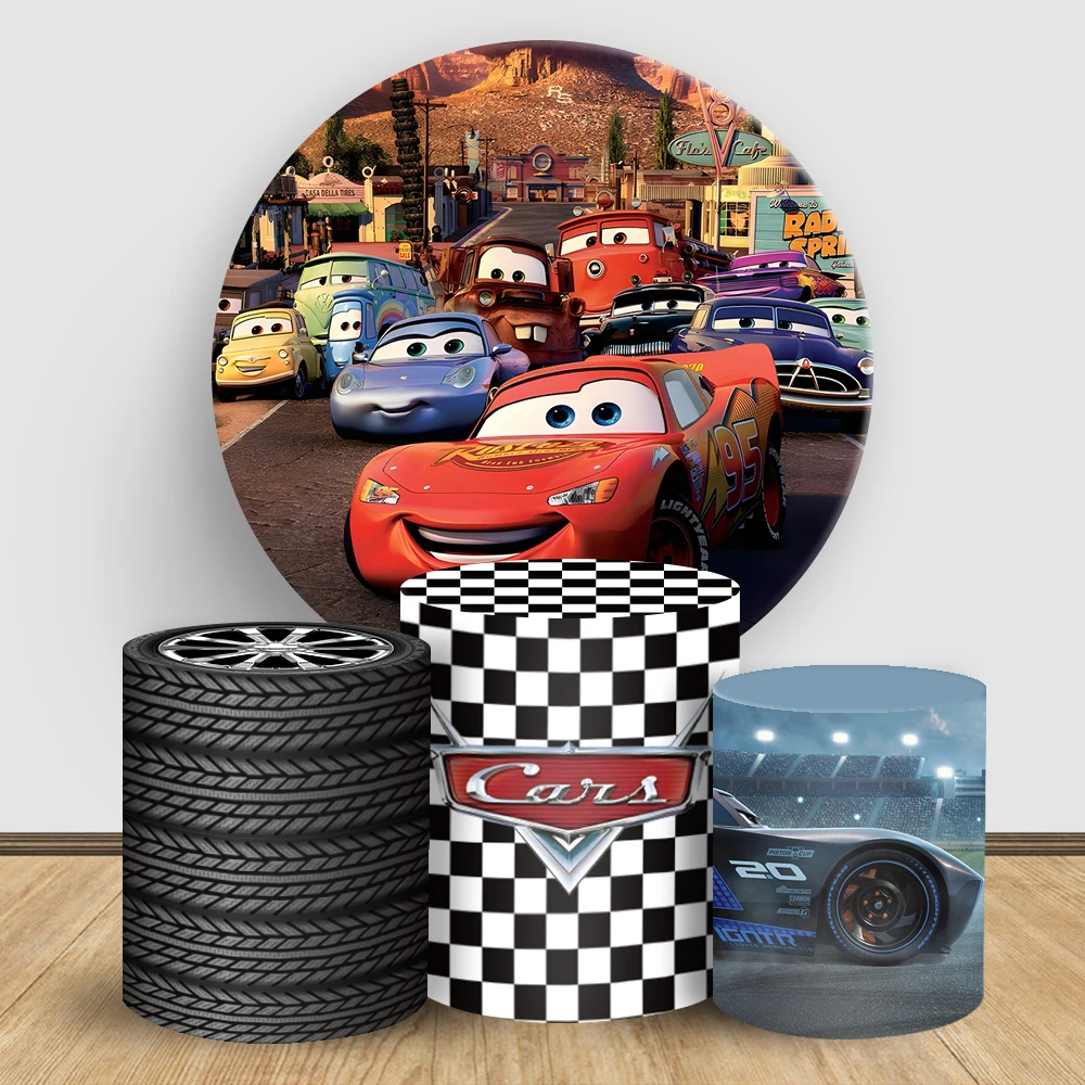 

Disney Cars Theme Round Background Cover and Cylinder Covers,kids Birthday Party Backdrop Photocall Supplies elastic fabric