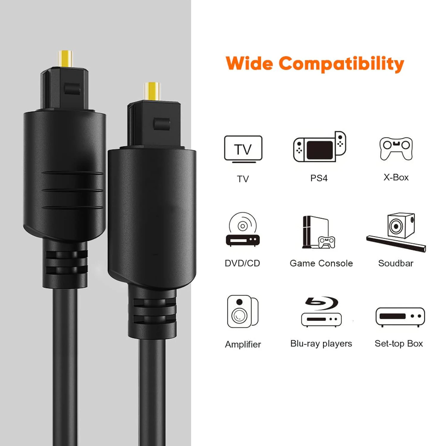 TOSLINK Optical Audio Cable, Fiber Optic Cable for Soundbars, Stereo Systems/amplifiers/amps, Home Cinema, Xbox One/PS4, etc.