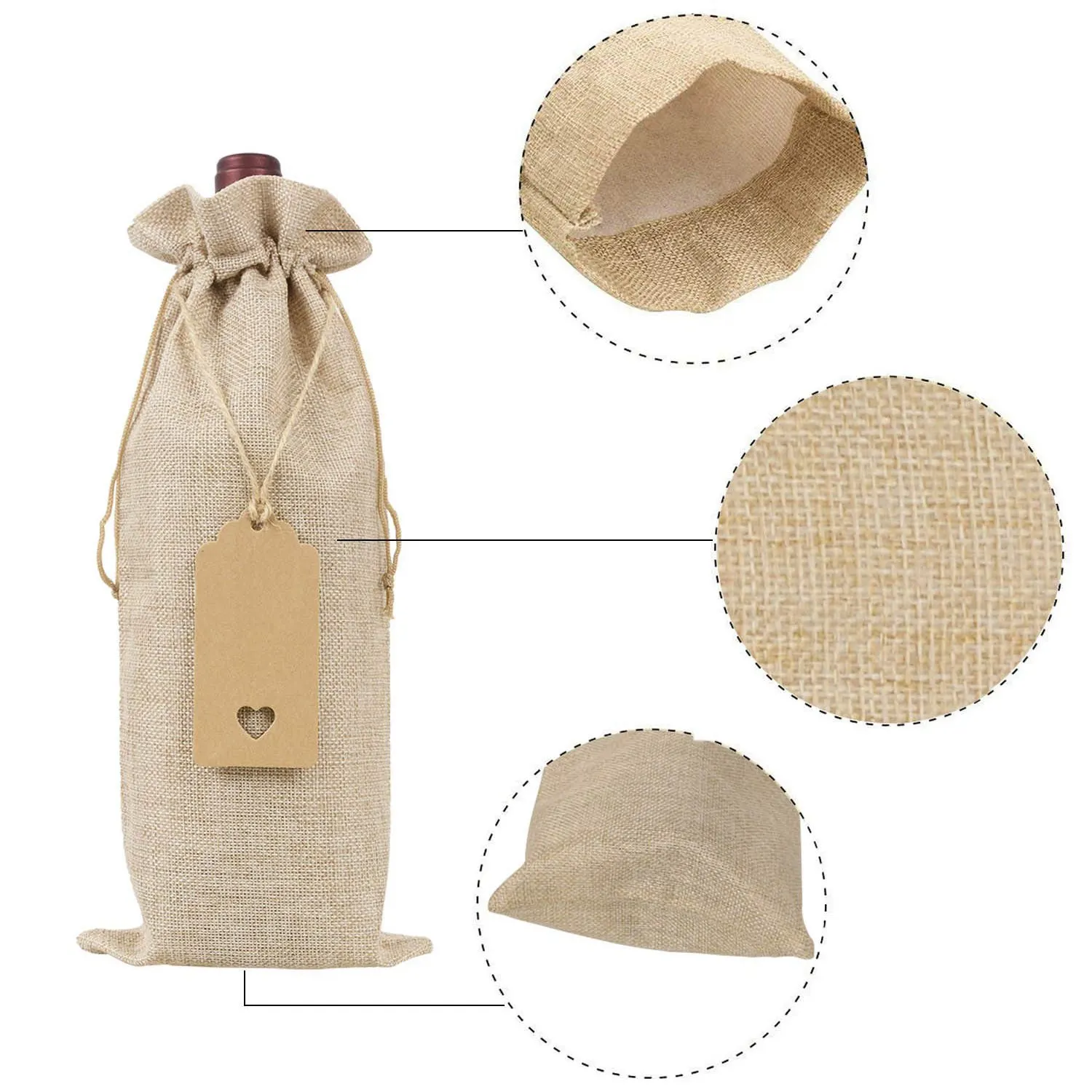 Burlap Wine Bags Wine Gift Bags with Drawstrings, Single Reusable Wine Bottle Covers with Ropes and Tags (10 Pcs)