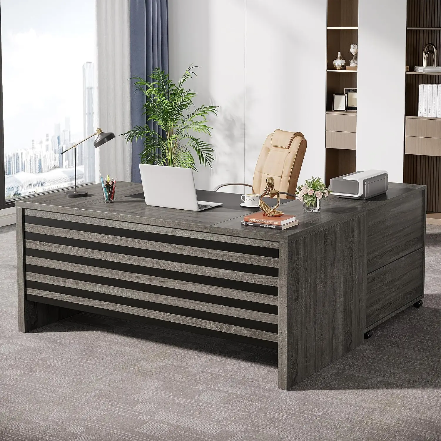 L-Shaped Executive Desk with Mobile File Cabinet, Home Office Workstation 62.2