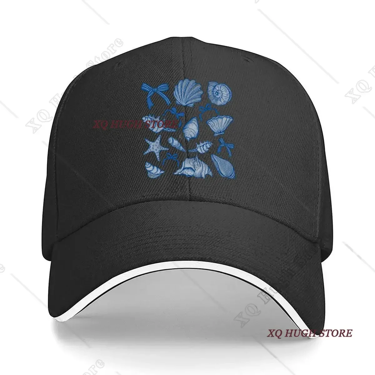Blue Seashells Bows Ocean Coastal Nautical Pattern Hip Hop hat Fashion Outdoor Sports Sandwich Baseball Cap