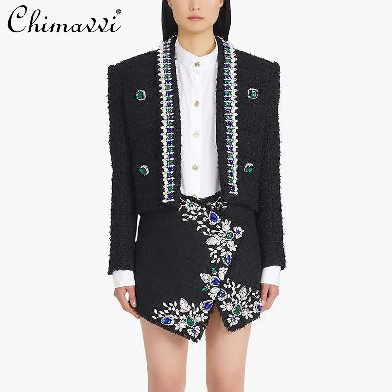 

2025 Spring and Autumn New European and American Fashion High-end Quality Heavy Industry Beaded Jacket with Skirt Suit For Women