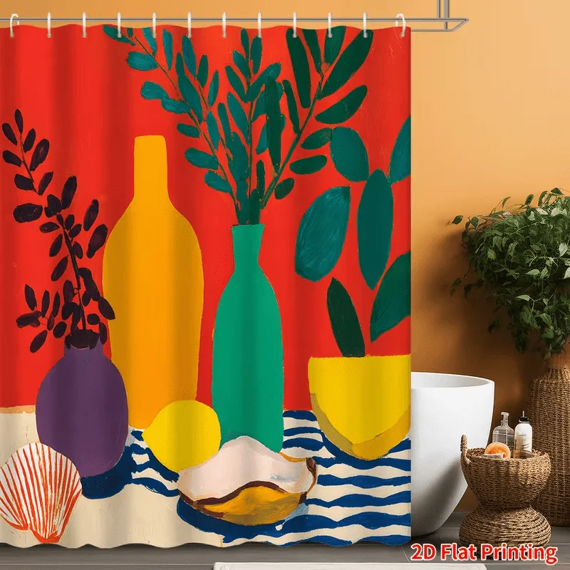 2D Flat, 2D Abstract Color-Block Shower Curtain with Potted Green Plants, Featuring Clean Black and White Lines, Easy to Clean,