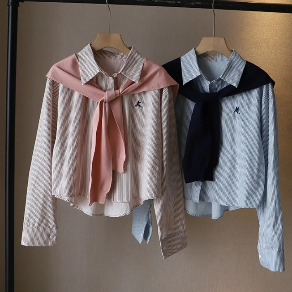 

Korean Y2K Striped Shirts Women Button Up Preppy Style Long Sleeve Shirts Loose Embroidery Letter Two Pieces Set Blouse Female
