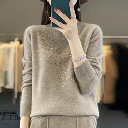 High Collar Wool Sweater Women's Rhinestone Loose Pullover Autumn And Winter Chic Long Sleeve Top Knitted Solid Color Turtleneck