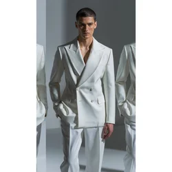 White Men's Suits 2 Piece Boutique Solid Color Daily Casual Office Business Male Suit Groom Wedding Dress Blazer with Trousers