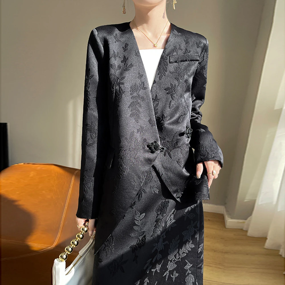 TWOTWINSTYLE Solid Embroidery Elegant Blazer For Women V Neck Long Sleeve Spliced Single Button Temperament Coats Female Fashion