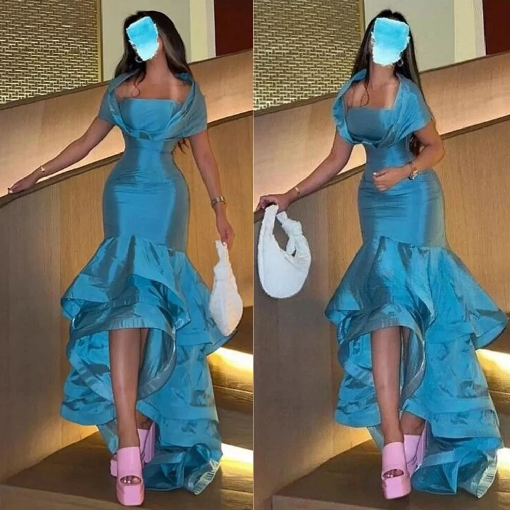 

Elegant Blue Square Collar Mermaid Satin Formal Prom Dresses Floor-Length Women Evening Party Dress فساتين السهرة