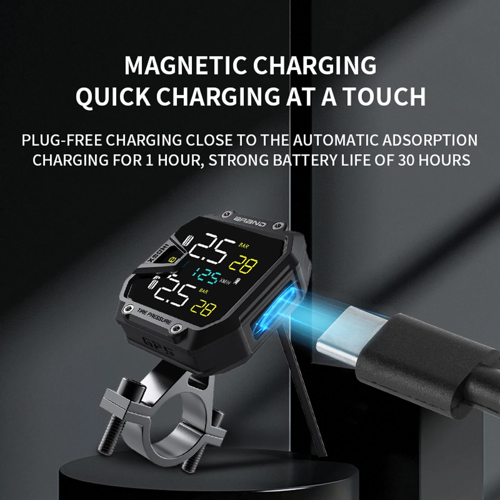 

Motorcycle TPMS Real-Time Bike Air Pressure Monitor QC3.0 Rapid Charging Solar Power Tire Pressure Monitor for Emergencies Tool