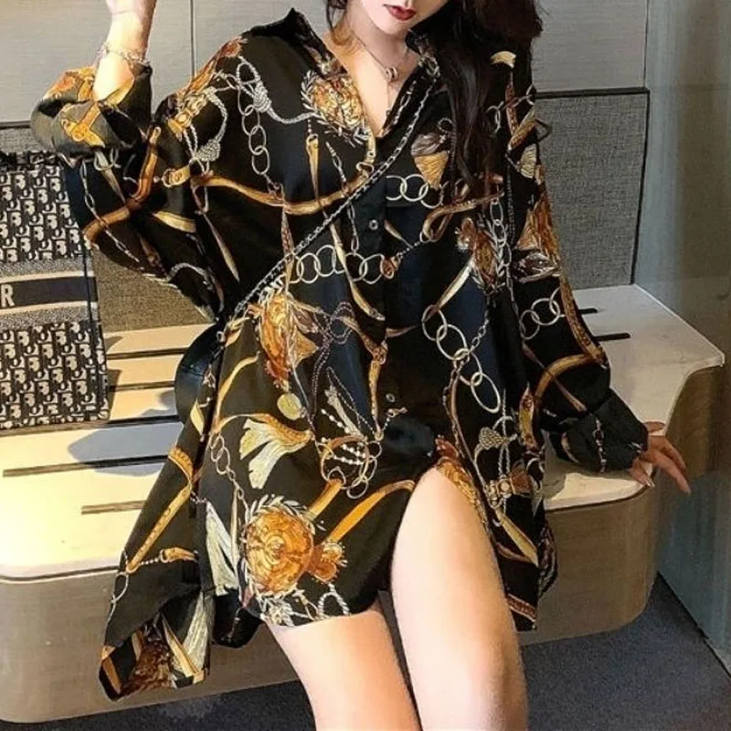 Loose Casual Printed Chiffon Button Shirt Spring Summer New Streetwear Long Sleeve Fashion Korean Turn-down Collar Midi Blouses