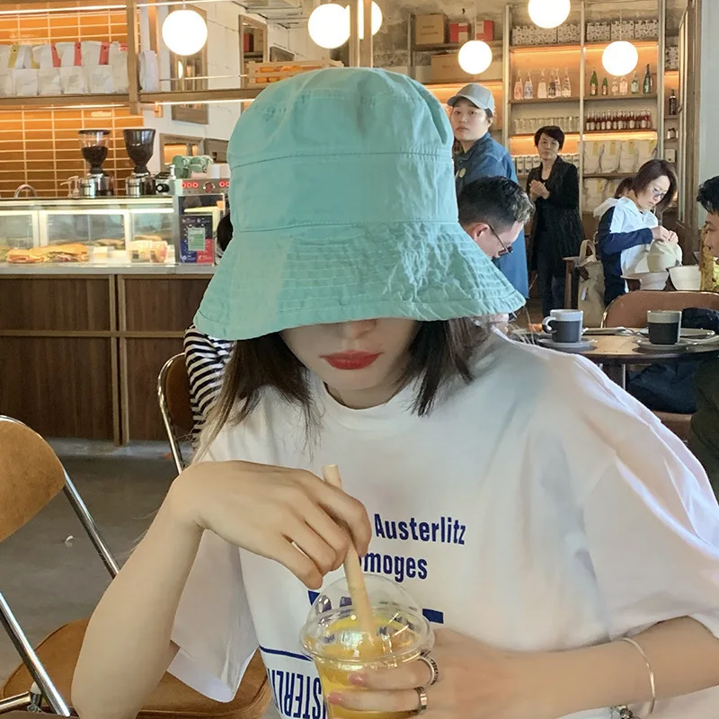 

Summer Bucket Hat for Women Wide Brim Fisherman Cap Spring Sunshade Sun Hat Female Casual Solid Blue Sunhat Foldable