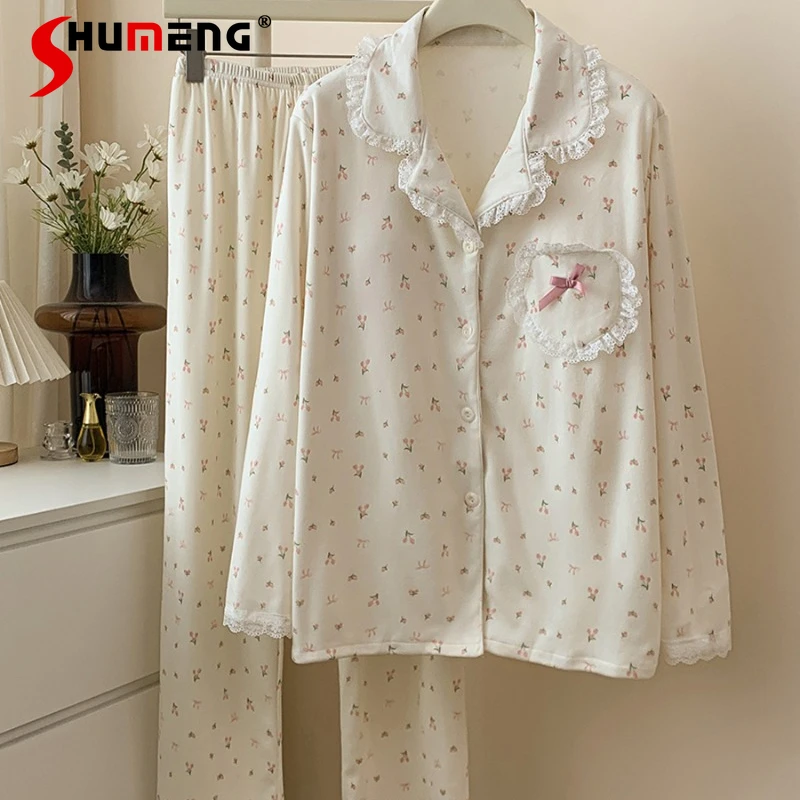 

Autumn Winter Floral High End Warm Pajamas for Women Chest Pads Lace Girl's Homewear Set Female Japanese Style Sleepwear Suit