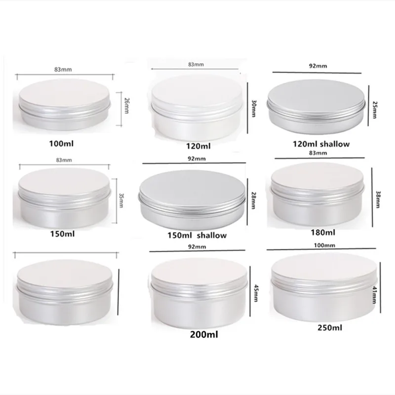 100 ml/g 120 g/ml 150g 200 g/ml 250 g/ml barattoli di alluminio vaso, contenitori con filettatura a vite coperchio della finestra per balsamo per le