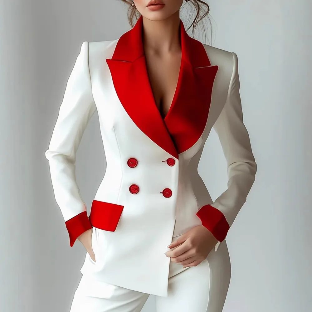 

Fashion Color-block Suit Collar Long-sleeved Jacket For Women New Autumn Slimming Double-breasted Small Suit Female Office Coat