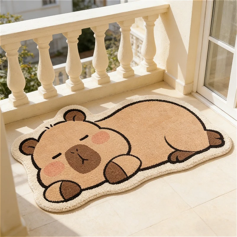 VIKAMA Sleeping Capybara Shaped Cartoon Rug 2D Fluffy Print Non Slip Soft Irregular Kids Bedroom Balcony Floor Mat Home Decor